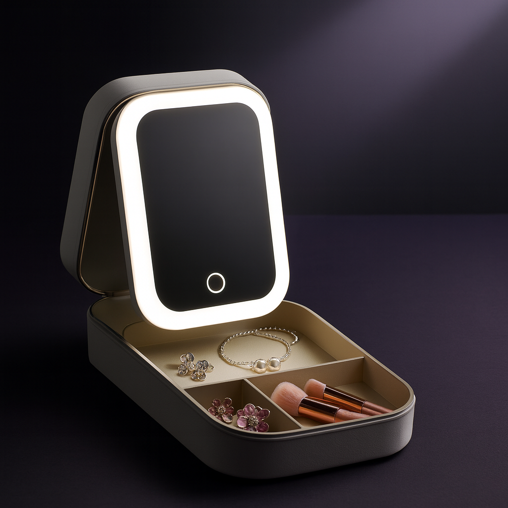 LED Mirror Makeup Storage Box | Leather